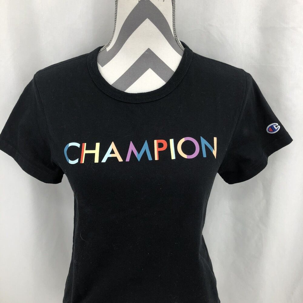 Champion Short Sleeve Black Multicolor Spell out Logo T Shirt Medium